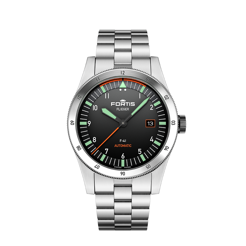 Fortis Flieger F-41 auf Block Bracelet, Black, Liberty Blue, Original, Petrol