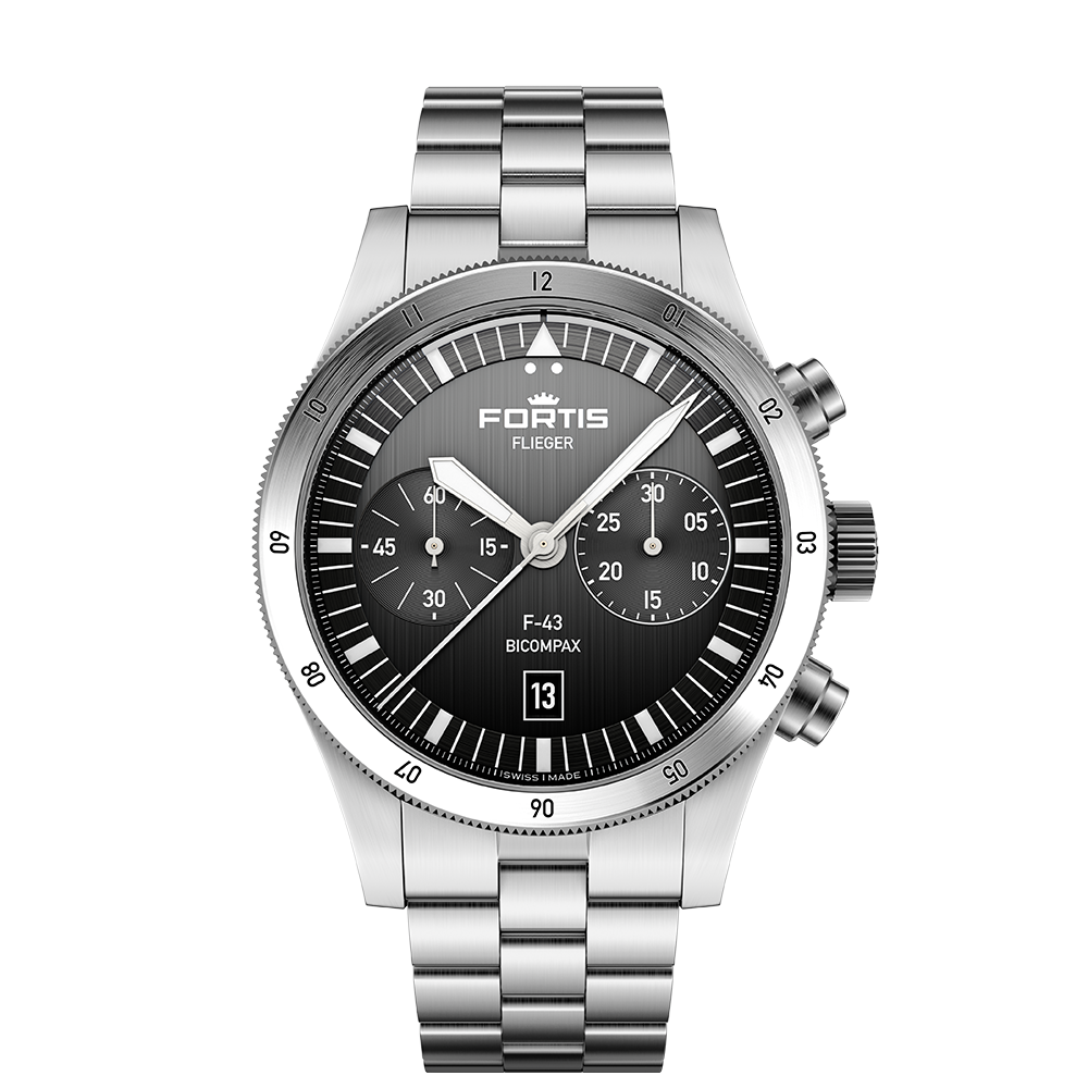 Fortis Flieger F-43 Bicompax Black auf Block Bracelet