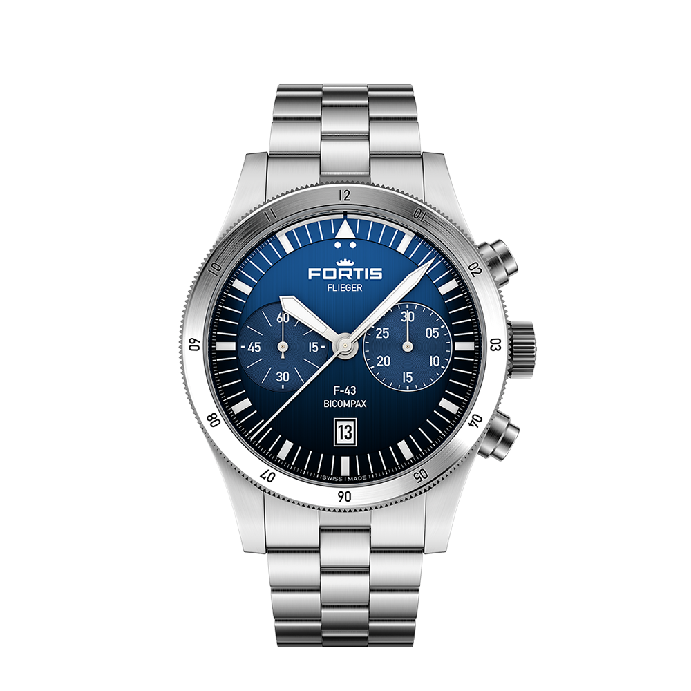 Fortis Flieger F-43 Bicompax Liberty Blue auf Block Bracelet