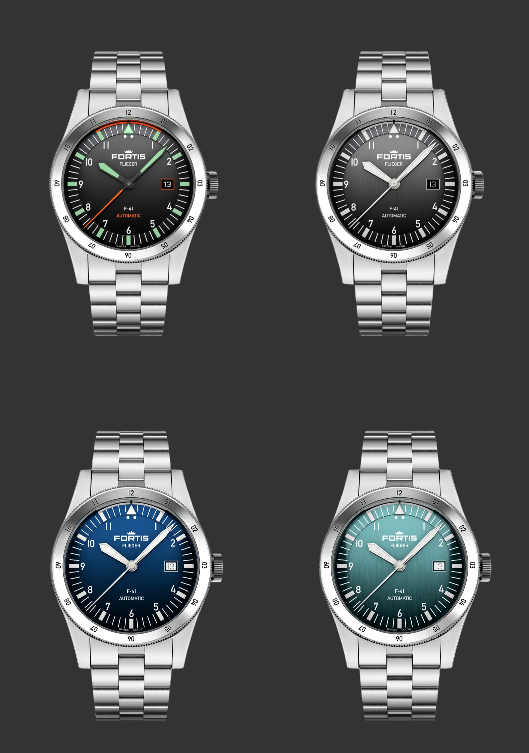 Fortis Flieger F-41 auf Block Bracelet, Black, Liberty Blue, Original, Petrol