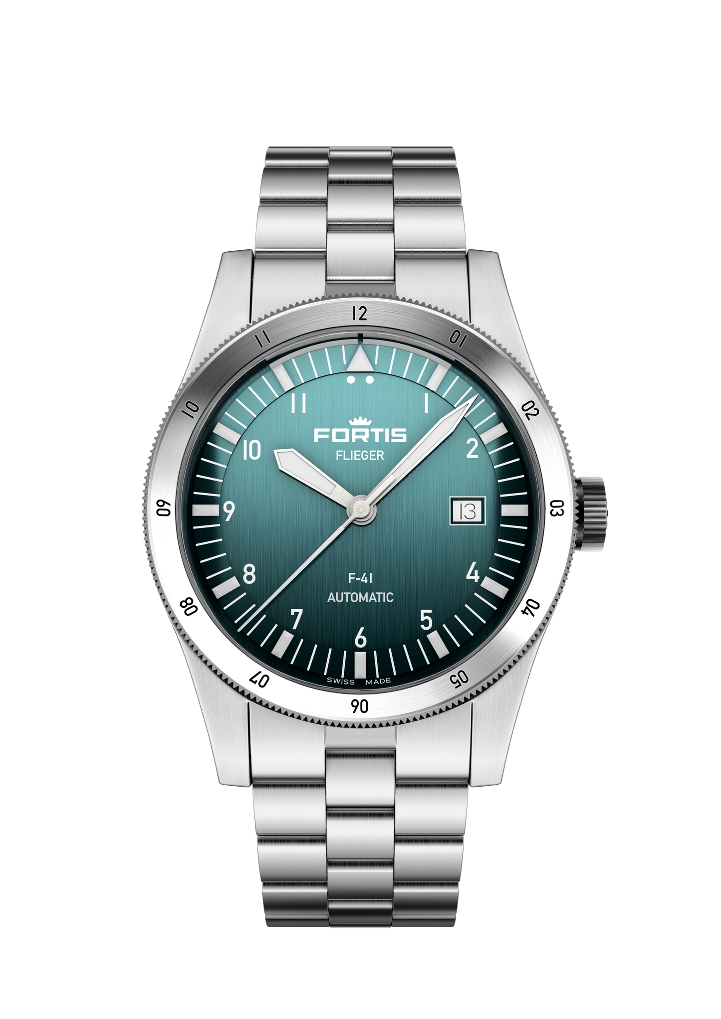 Fortis Flieger F-41 auf Block Bracelet, Black, Liberty Blue, Original, Petrol