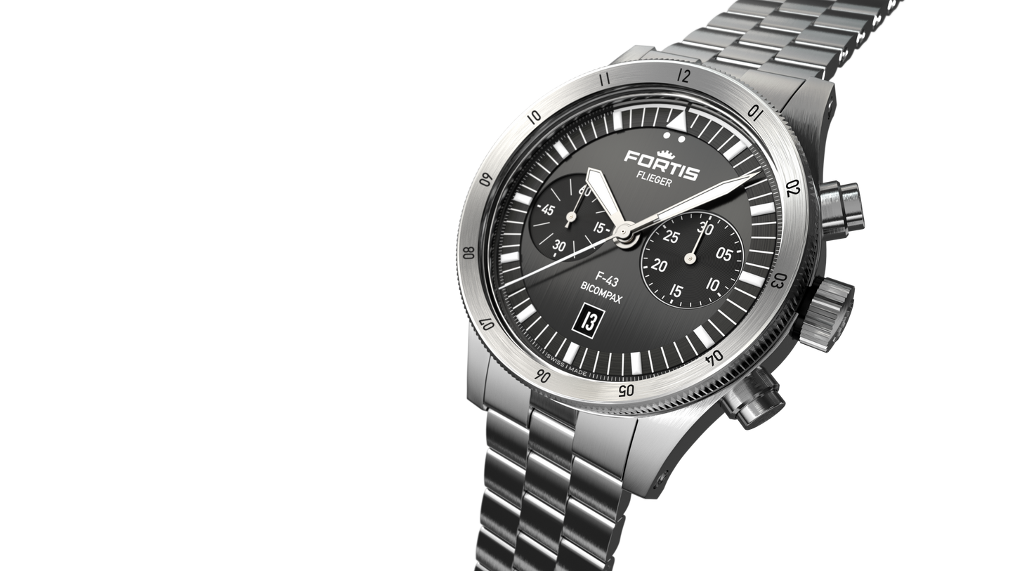 Fortis Flieger F-43 Bicompax Black auf Block Bracelet