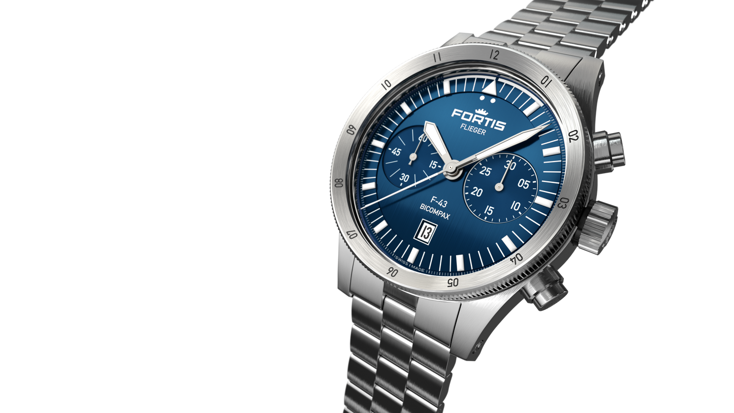 Fortis Flieger F-43 Bicompax Liberty Blue auf Block Bracelet